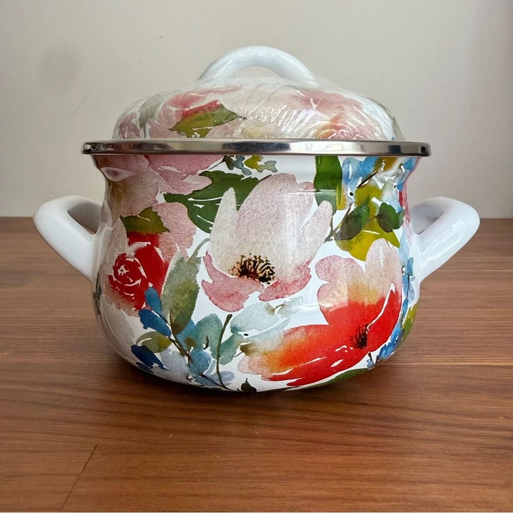 Brand New Crofton 1 Quart Mini Dutch Oven / Casserole Pot - Bright Floral Enamel